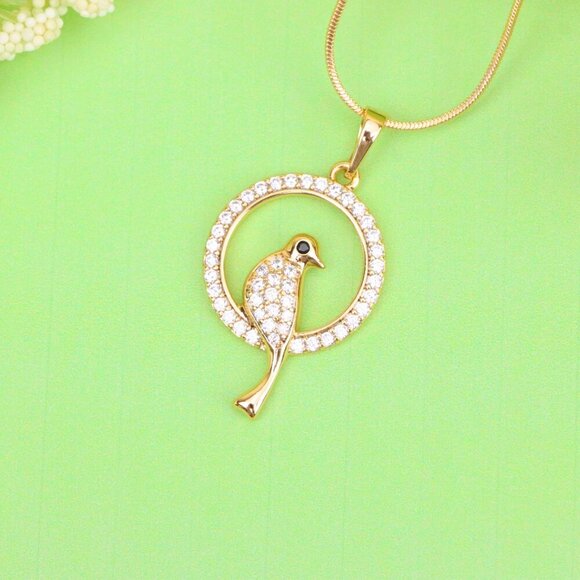 "Rose Gold Bird Pendant with Sparkling Crystals in Circular Frame, XPPT1525 - Picture 11 of 13